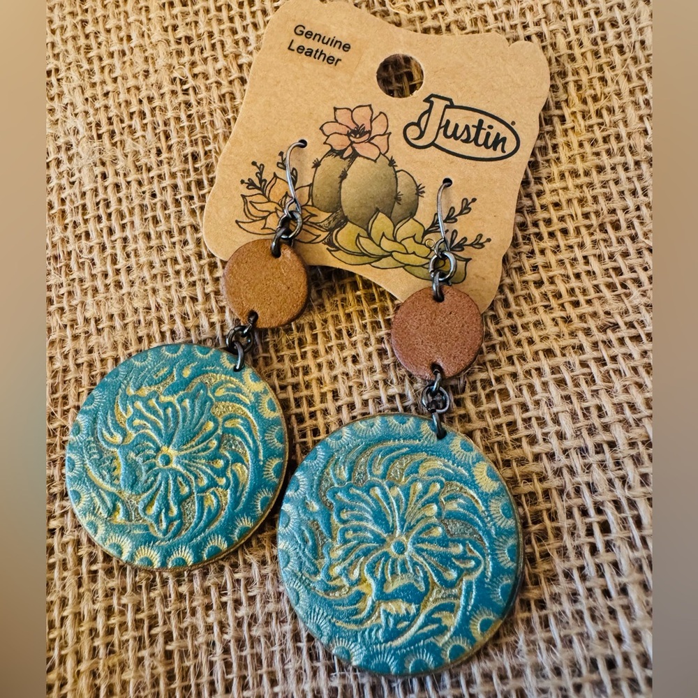 Justin Boots Turquoise and Brown Tooled Genuine Leather Earrings